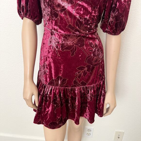 [Rachel Parcell] Maroon Floral Velvet Puff Sleeve Ruffle Mini Dress NWT Size 10 - Picture 6 of 12